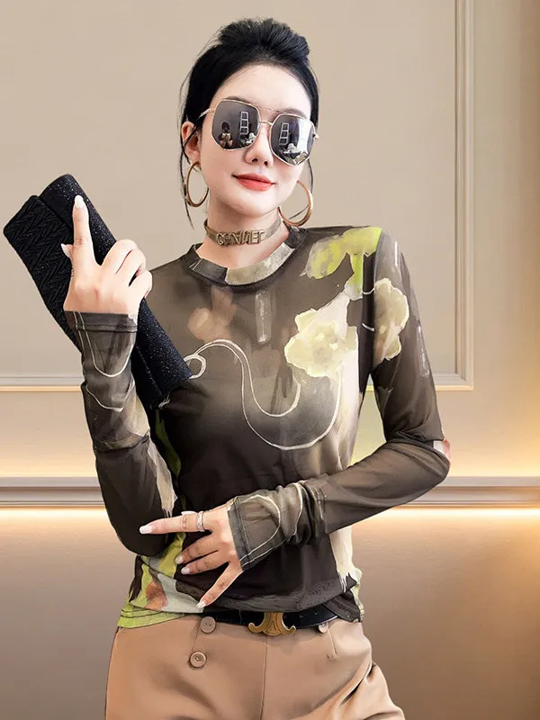 Slimming Effect Long Sleeve Mesh Printed T-Shirt round Neck Base Shirt Thin Style Autumn Winter New Arrival Women's Fashion
