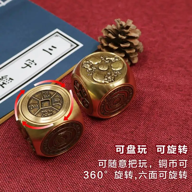 Brass Fortune-Turning Six-Sided Rotatable Handle Piece, A Tea Art Table Ornament In The Form Of A Zodiac Dice
