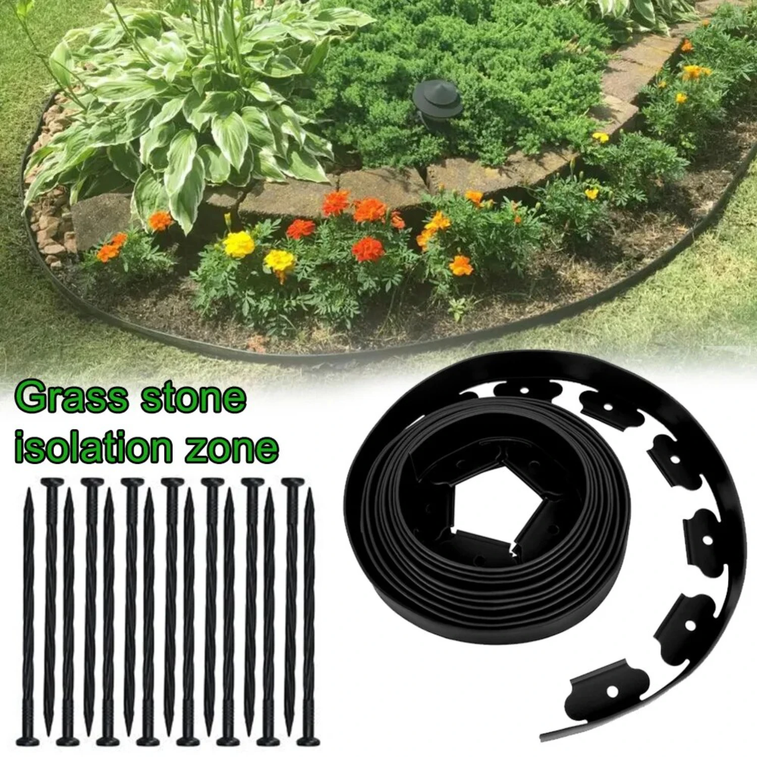 

Essential Premium Heavy-Duty 5m Long Stone Garden Edging Border with L-shaped Design -15 Stakes Included for Grass Barrier, Land