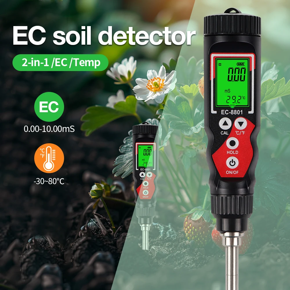 

EC8801 EC Тестер температуры почвы Детектор с подсветкой Измеритель электропроводности для теплицы Сельскохозяйственные посадки Анализатор почвы