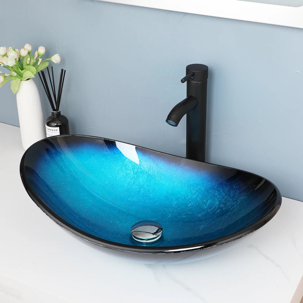 KEMAIDI Blue Tempered Glass Oval Vessel Sink Faucet Set Bathroom Solid Sink With Matte Black Hot Cold Water Faucets Mixer Drain