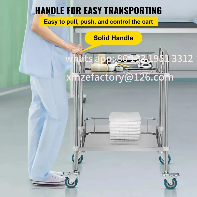 Troli Perawatan Stainless Steel 2 Rak yang Dapat Disesuaikan, Troli Instrumen Tiga Lapis