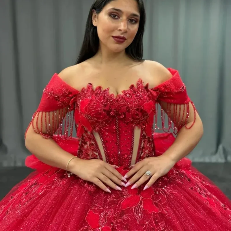 

Customized Shiny Red Quinceanera Dresses Off the Shoulder Sequin Lace 3D flower Bow Long tail Vestido 15 Quinceanera