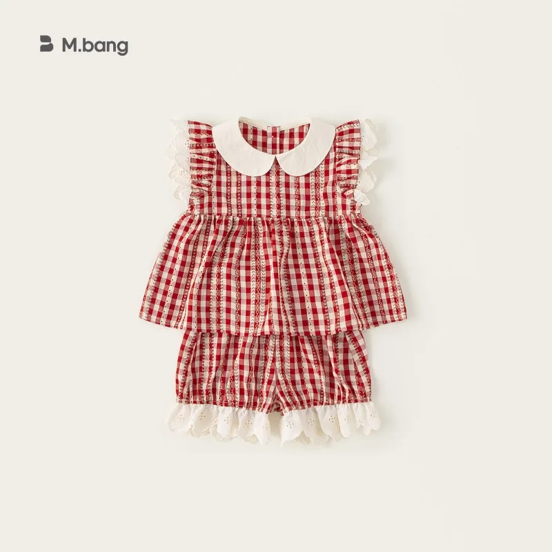 

New Children's Clothing, Baby Girls' Clothes, Summer Red Checkered Children's Set, Lace Shorts, Girls' Two-piece Set