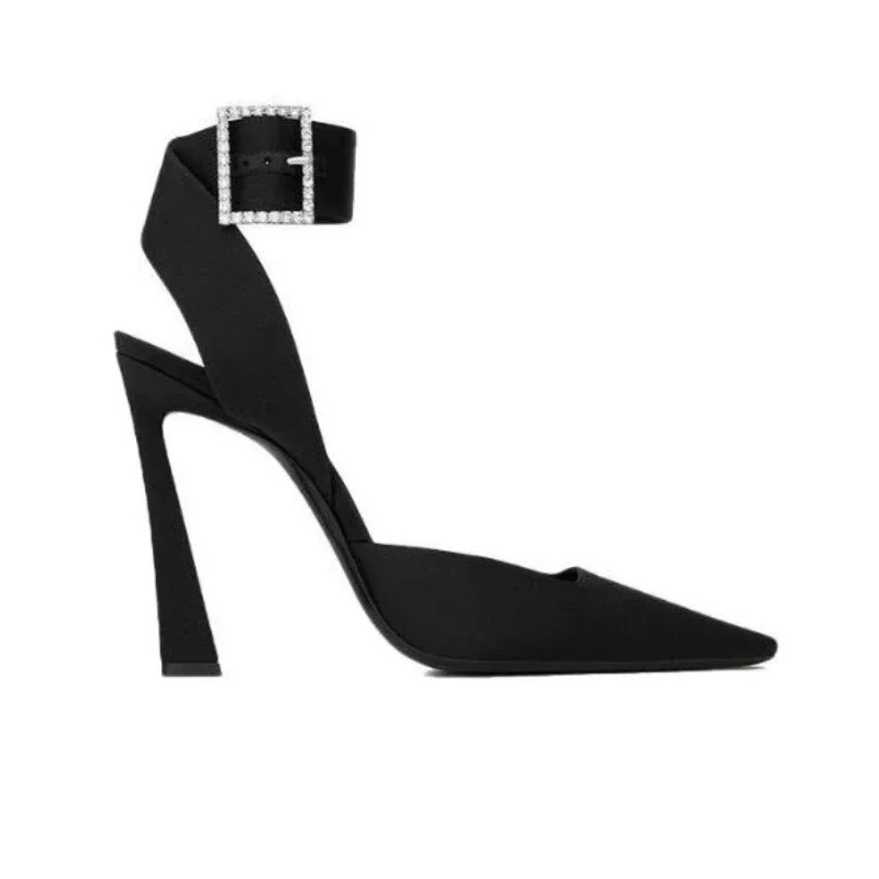 Belt Buckle Rhinestone Sandals Leather Stiletto Heel Women Pumps Shoes Black Sandalias Feminina Ankle Strap Chaussures Femme Ete