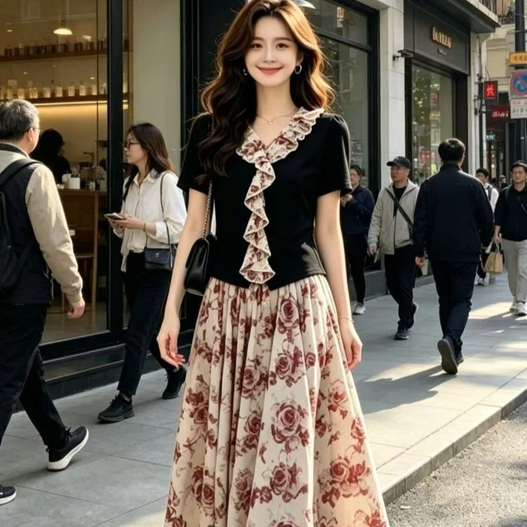 Women's Vintage Rose Print One Piece Dress - Ruffle Collar Fake Two-Piece Set, Perfect Casual Vacation & Date Night Wear