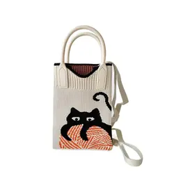 Cute Cartoon Cat Knitted Handbag Knitted Bag Women Fashion Simple Wallet Mini Shoulder Phone Bag Portable Crossbody Bag