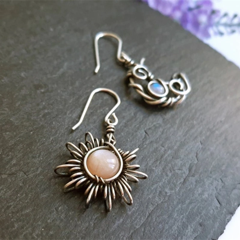 Antiqued Silver for Celestial Moonstone Dangle Earrings for Sun & Moon Pendant Dropsale