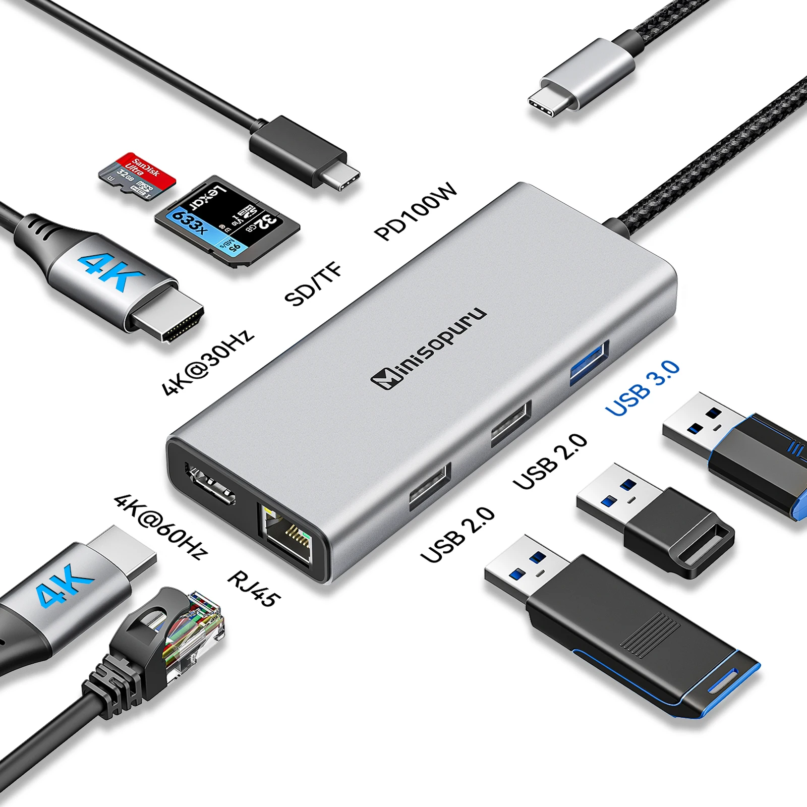 

USB C-концентратор 9 в 1, док-станция с двумя мониторами и концентраторами 4K60 Гц Gigabit Ethernet PD 100 Вт SD/TF Type-C для MacBook Pro