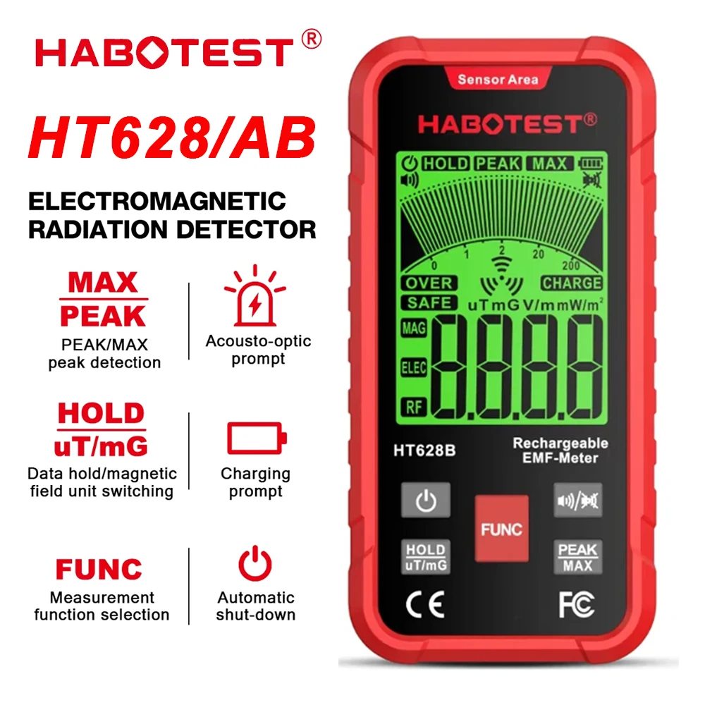 HABOTEST HT628 EMF Meter Electromagnetic Radiation Tester Electric Field Magnetic Field RF Radiation Radio Frequency Detector