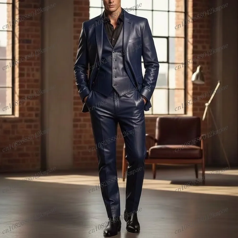 

Новый темно-синий кожаный мужской костюм для формального жениха, жениха, свадебной вечеринки, выпускного вечера, мужской деловой смокинг, комплект из 3 предметов, пиджак, жилет, брюки