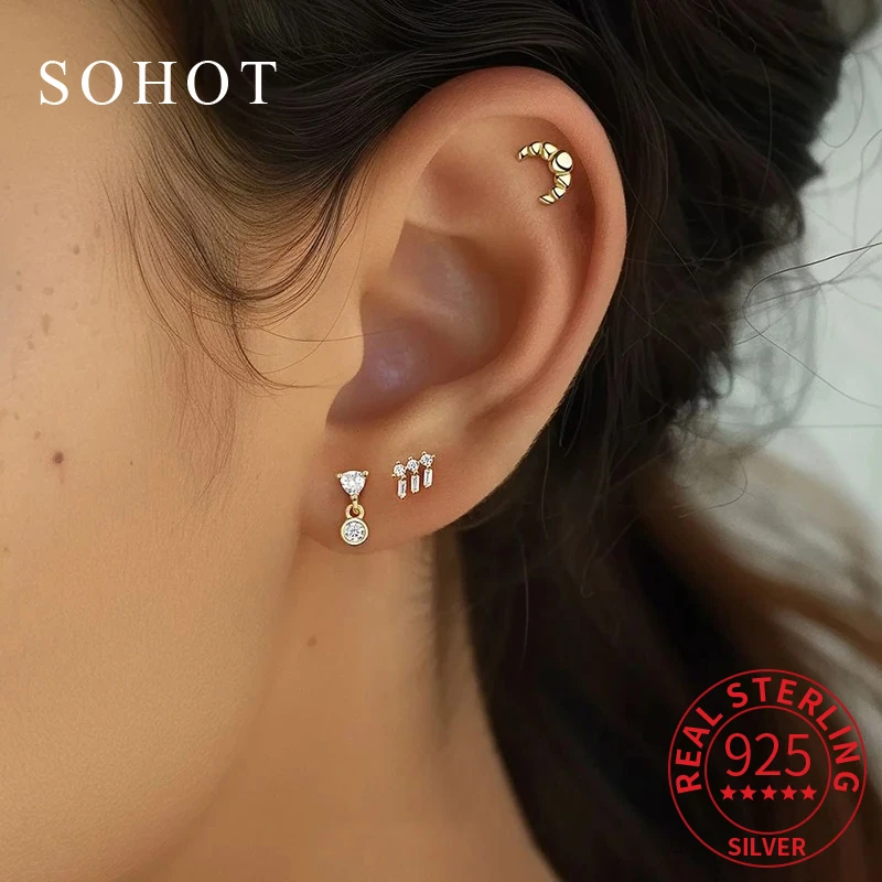 

1 Pcs Real 925 Sterling Silver Zircon Hollow Triangles Croissant Mini Stud Earrings for Women Trendy Fine Jewelry Accessories