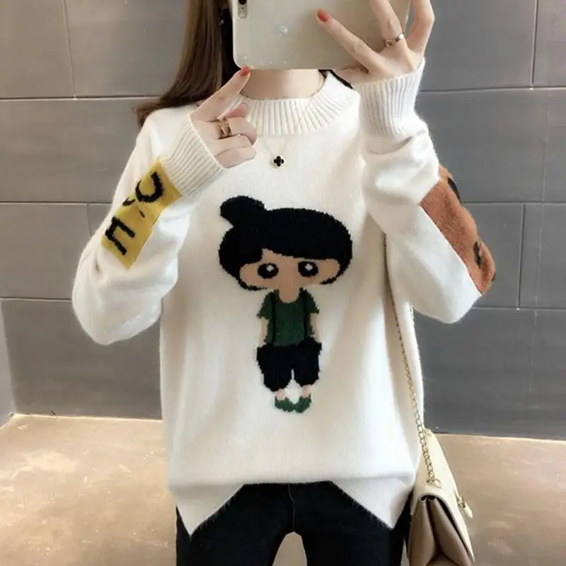 2023 Autumn and Winter Women\'s Pullover Solid Round Neck Long Sleeve Sweater Embroidery Patchwork Knit Preppy Style Fashion Tops