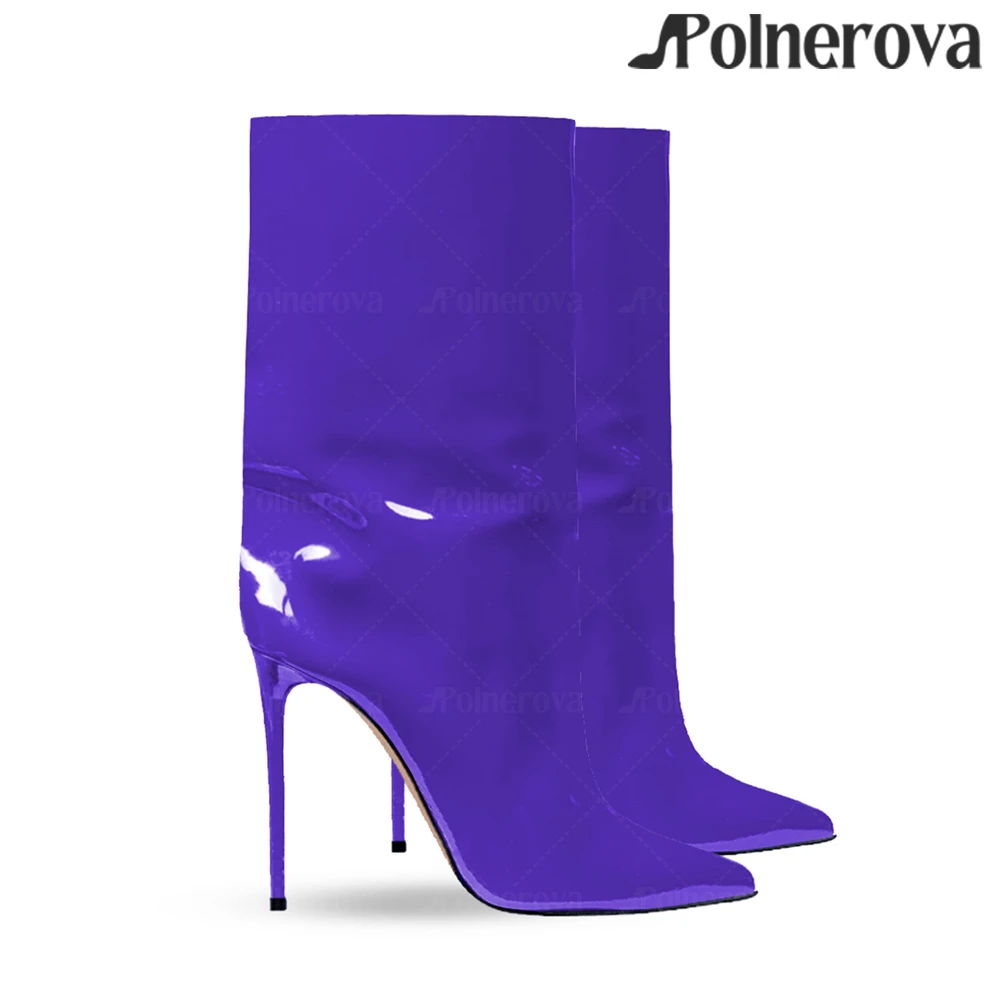 Botas hasta la pantorrilla de aguja de charol, botas tubulares de tacón alto y punta puntiaguda de estilo Sexy, botas hechas a mano de cuero coloridas a la moda para mujer