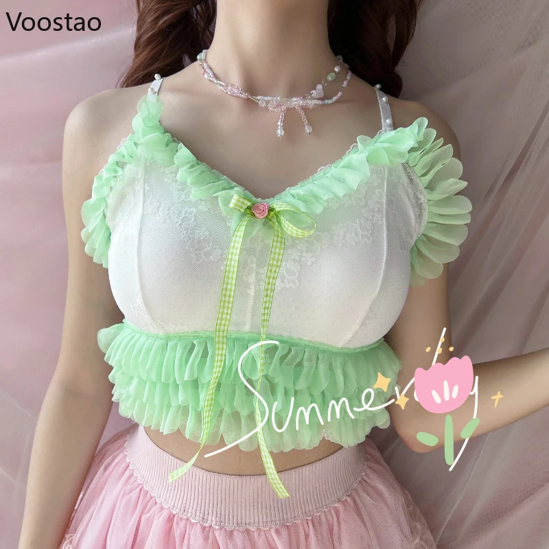 Kawaii Lolita Style Camis Tops Women Summer Bow Lace Ruffles Mesh Sweet Cropped Tanks Girls Y2k Aesthetic Clothes Chic Lace Vest