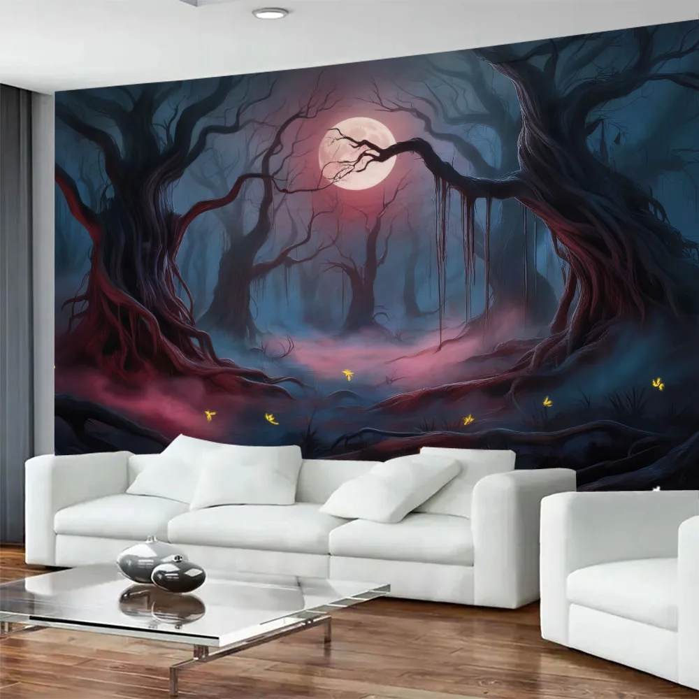 Ghostly Mysterious Forest Tapestry - Capturing the Soul of Fear on Full Moon Night, Halloween Decorative Scene Background Cloth