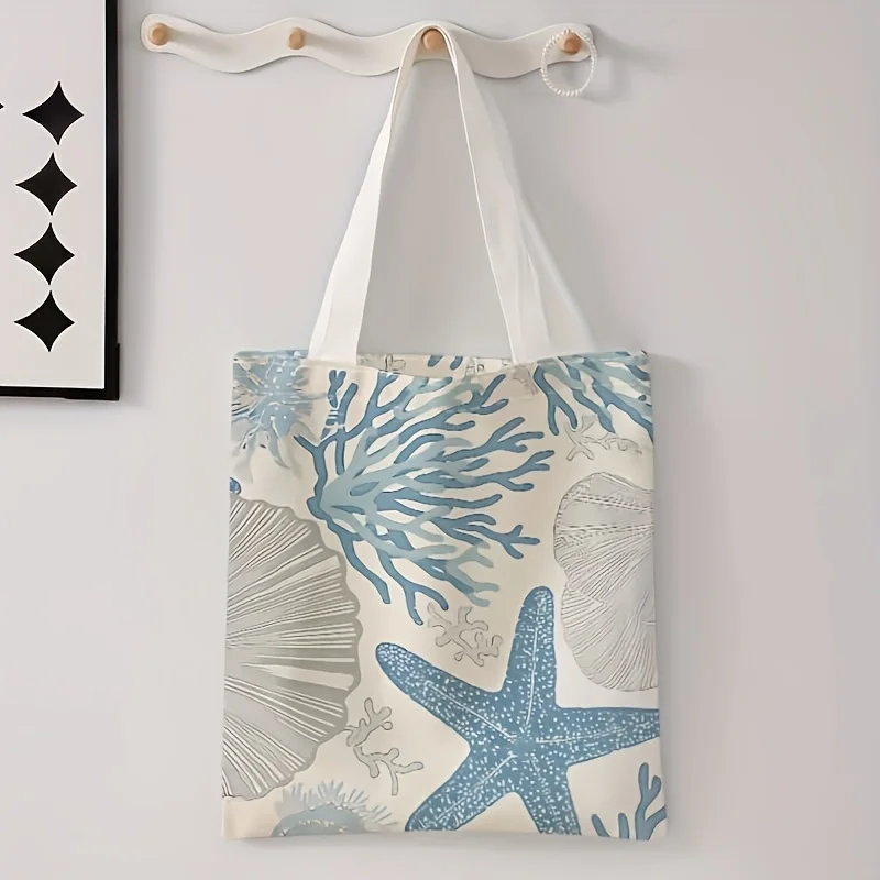 Large-Capacity Tote Bag with Blue Starfish Pattern Print, Foldable Shoulder Bag, Suitable for Travel Lightweight Shopping Bag