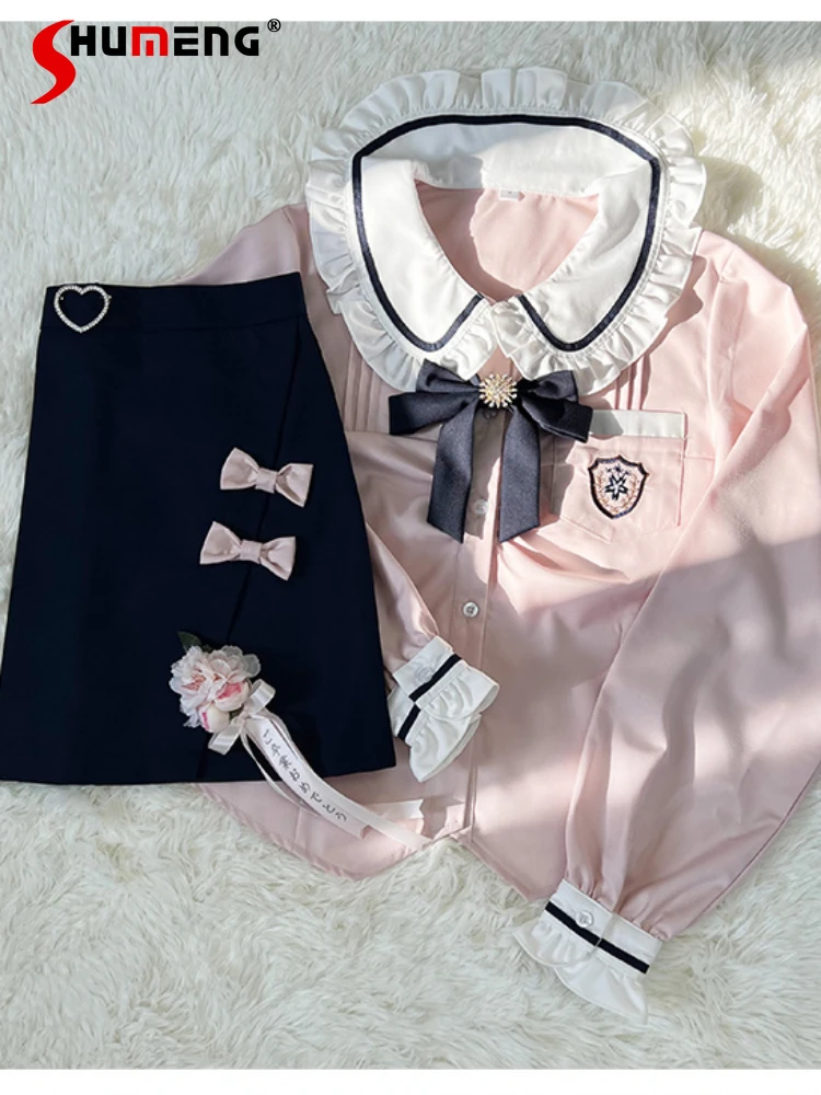 Preppy Style JK Suit Doll Collar Bow Tie Embroidered Pocket Single-Breasted Top High Waist Tight Split Skirt Two-Piece Set Women