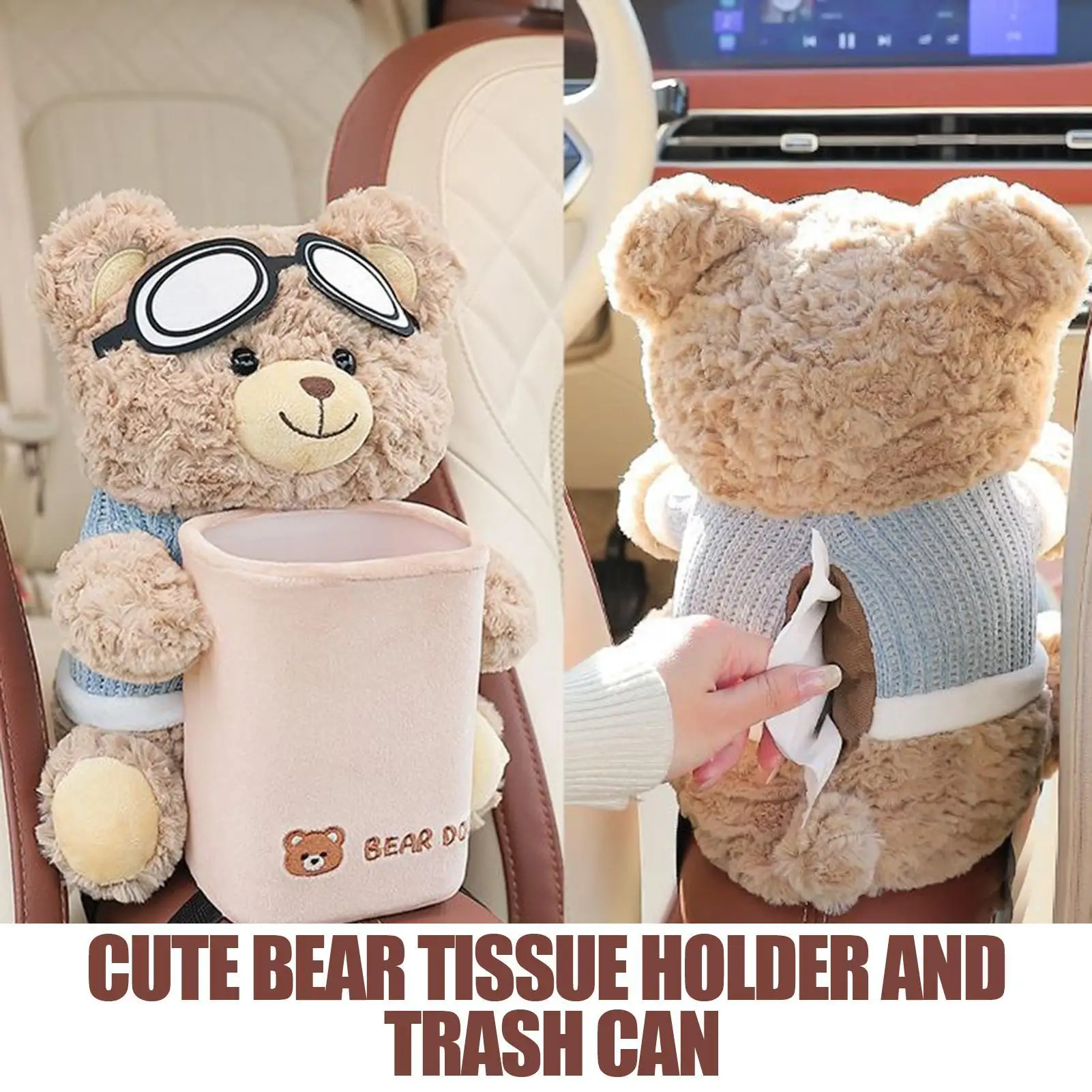 2-in-1 Plush Cartoon Bear Car Tissue Holder & Trash Bin Stain Resistant Multifunctional Storage Box for Vehicle Armrest Box