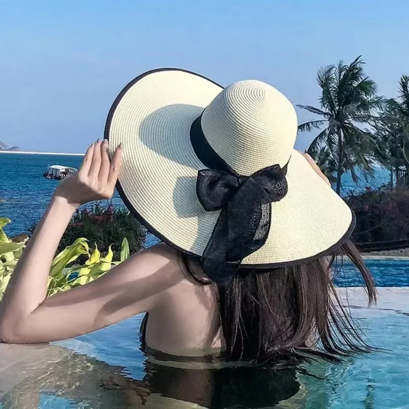 Summer Fashion Sun Hats Beach Flat Panama Lady Casual Wide Brim Straw Hat Beach Cap Black Bow for Women Accessories