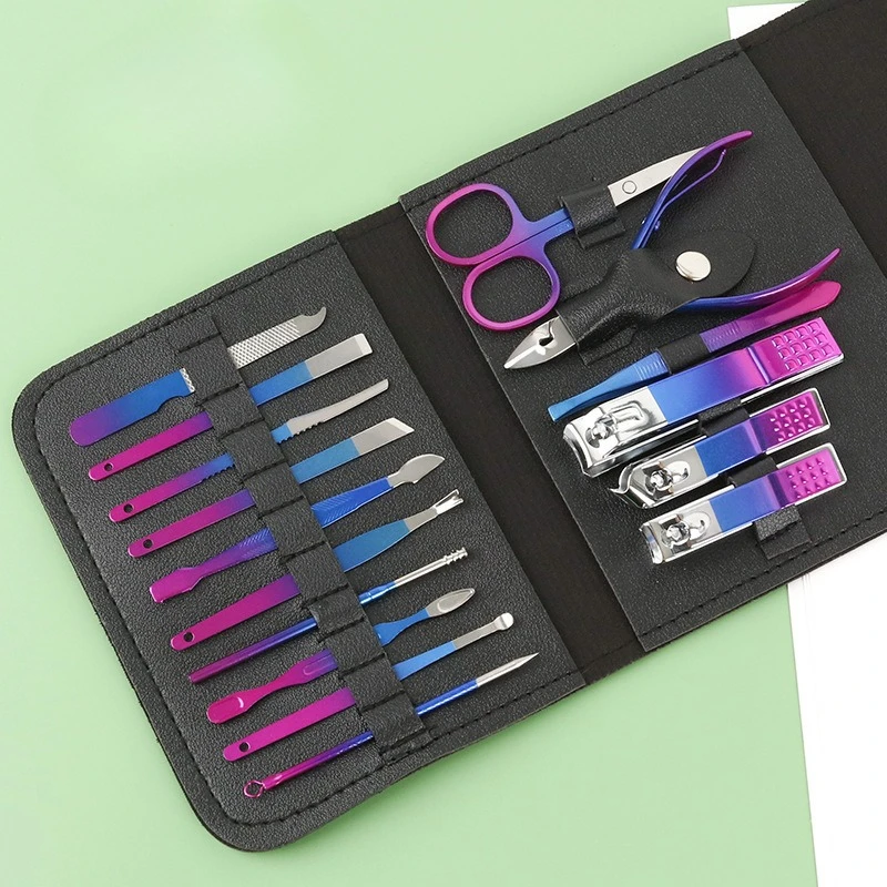 Set di tagliaunghie professionali da 16 pezzi e pinze per cuticole con custodia portatile in pelle Idea regalo, set manicure con funzione completa