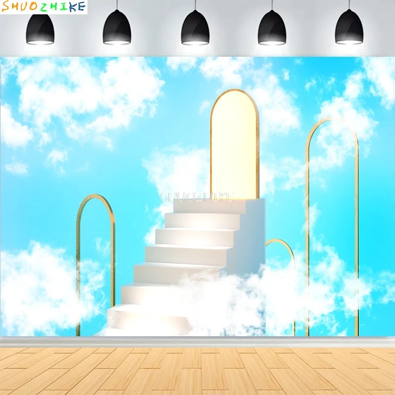 

Aerial View White Clouds Blue Sky Photography Backdrops Abstract Peaceful Dove Stairway Heaven Path Photo Background KY-01