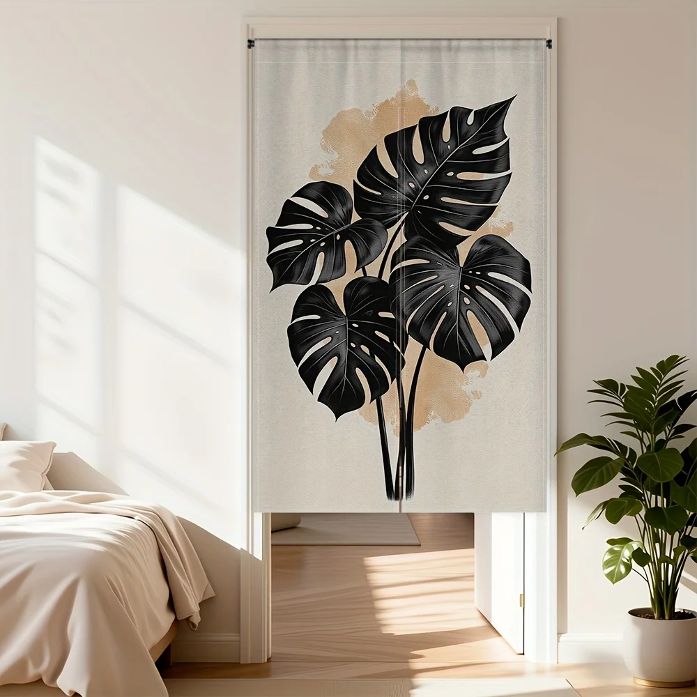 Shadow Monstera Noren Curtain – Bold Black Leaves on Beige Background, Modern Design for Living Room or Tea Room Decor