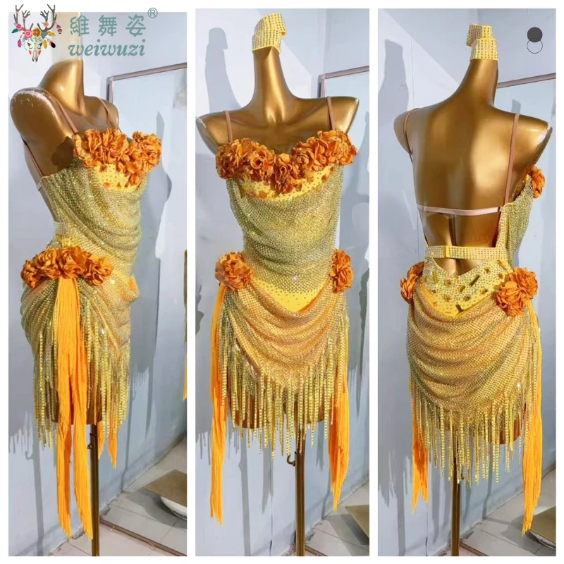 Latin Dance Performance Costume Diamond Female Adult Children High End Customized Flower Collar Fringed Dress Samba Flash Dress