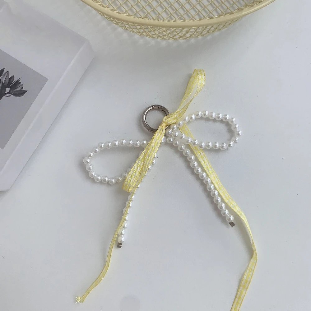 Alloy Pearl Bow Key Ring Plaid Bag Accessories Ribbon Beaded Keychain Handmade Hanging Accessories Y2k Bag Pendant Daily