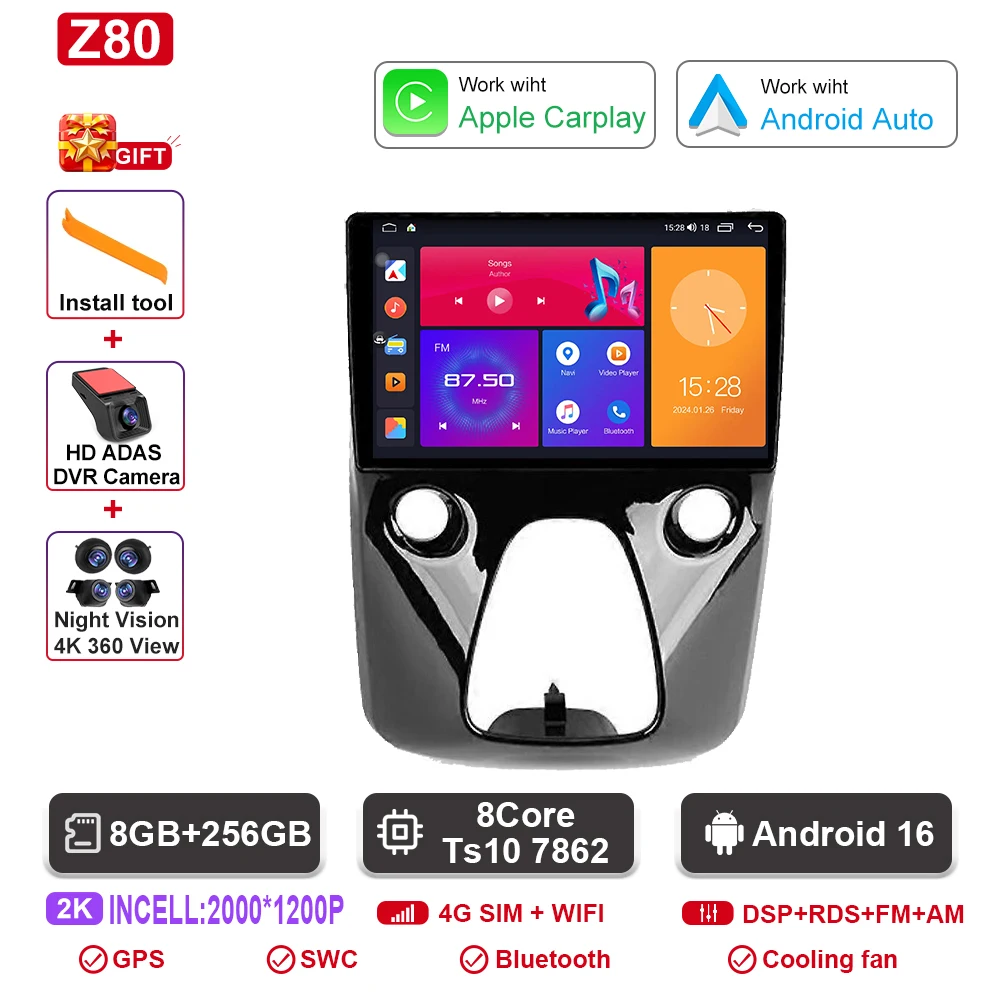 Autoradio Android navigatie GPS Android Auto stereo Carplay scherm No2 DIN DOM voor Toyota Aygo Peugeot 108 Citroen C1 2016-2020