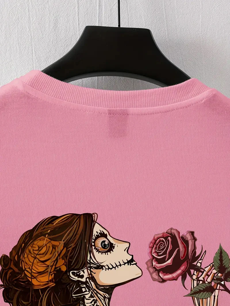 تي شيرت رجالي 100% من القطن الخالص كاجوال فضفاض رياضي هيكل عظمي للنساء وطباعة وردة حمراء برقبة دائرية وأكمام قصيرة #3