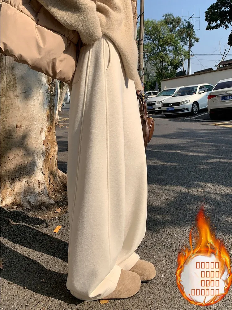 

Женские брюки с высокой талией и широкими штанинами, осенне-зимние, утепленные флисом, из шелковой шерсти, прямого кроя, струящиеся, с эффектом драпировки, спортивные брюки