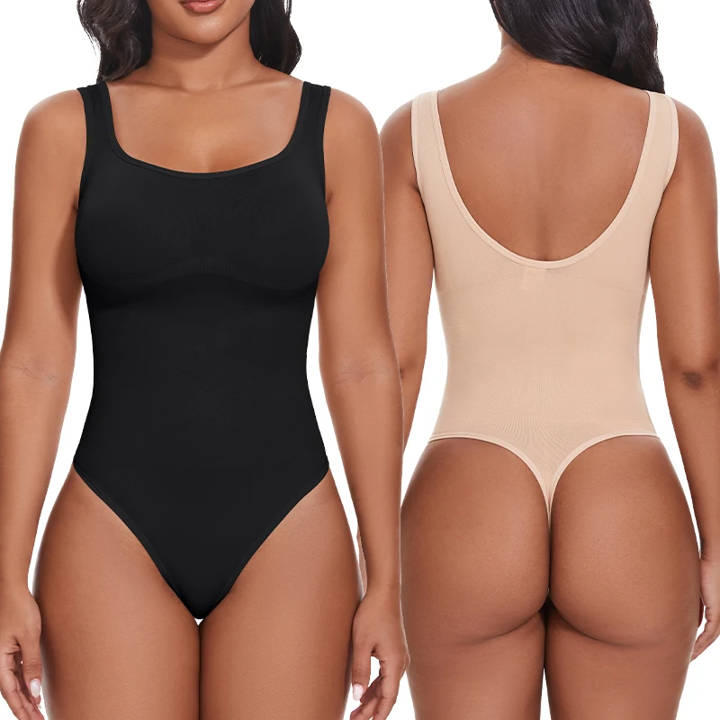 Bodysuits for Women Tummy Control Shapewear Sleeveless Square Neck Backless Tank Top Casual Thong Bodysuit Slimming Body Shaper