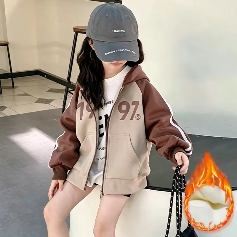 4-14 Years Girls Fleece Warm Color blocking Hooded Sports Jacket Kids Letter Print Casual Outerwear for Spring Autumn Winter