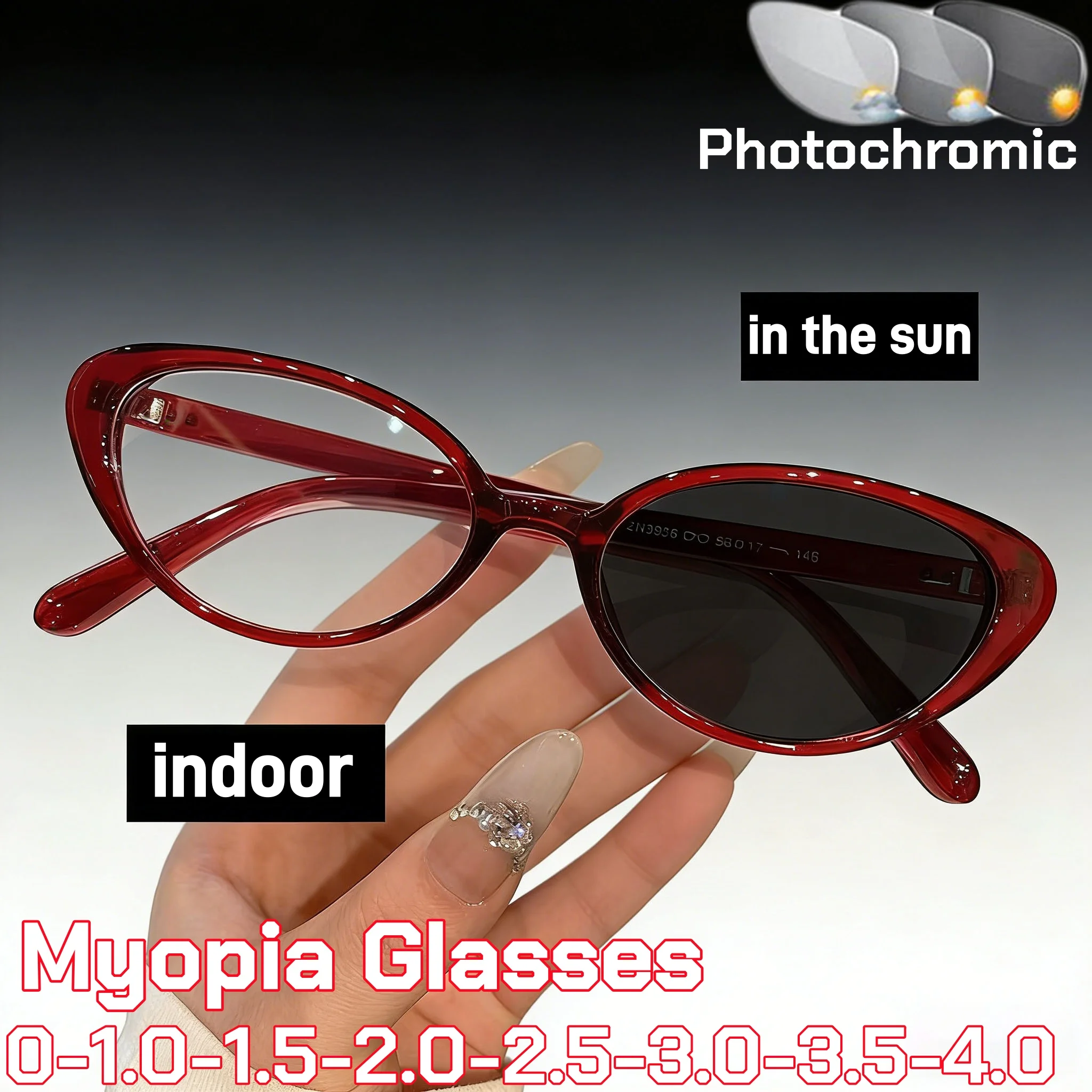 

High End Fashion Trend Photochromic Myopia Glasses Women Stylish Cat Eye UV-Protective Minus Diopter Color Changing Eyeglasses