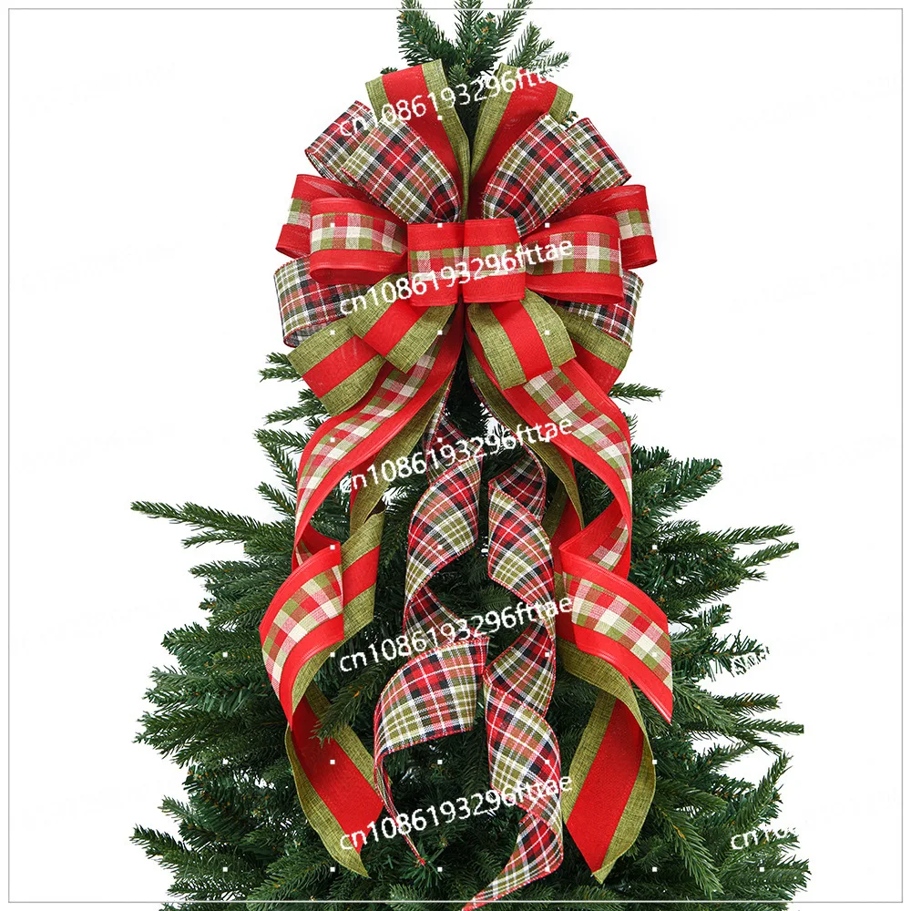 Christmas Tree Top Plaid Snowman Big Bow, Red Imitation Linen Ribbon Christmas Bow