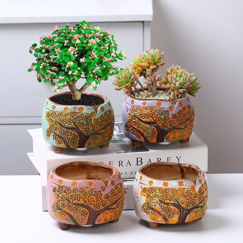 Korean Style Handpainted Floral Pattern Flowerr Pot Succulent Plant Pot with A Hole Bonsai Vase Garden Home Decor