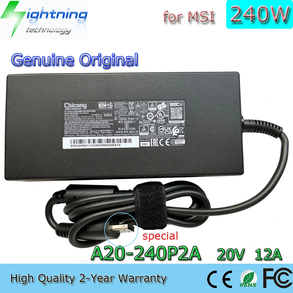 

New Original 240W 20V 12A Flat Usb A20-240P2A Laptop Adapter for MSI Chicony Raider GE76 12UE-456US RTX3060