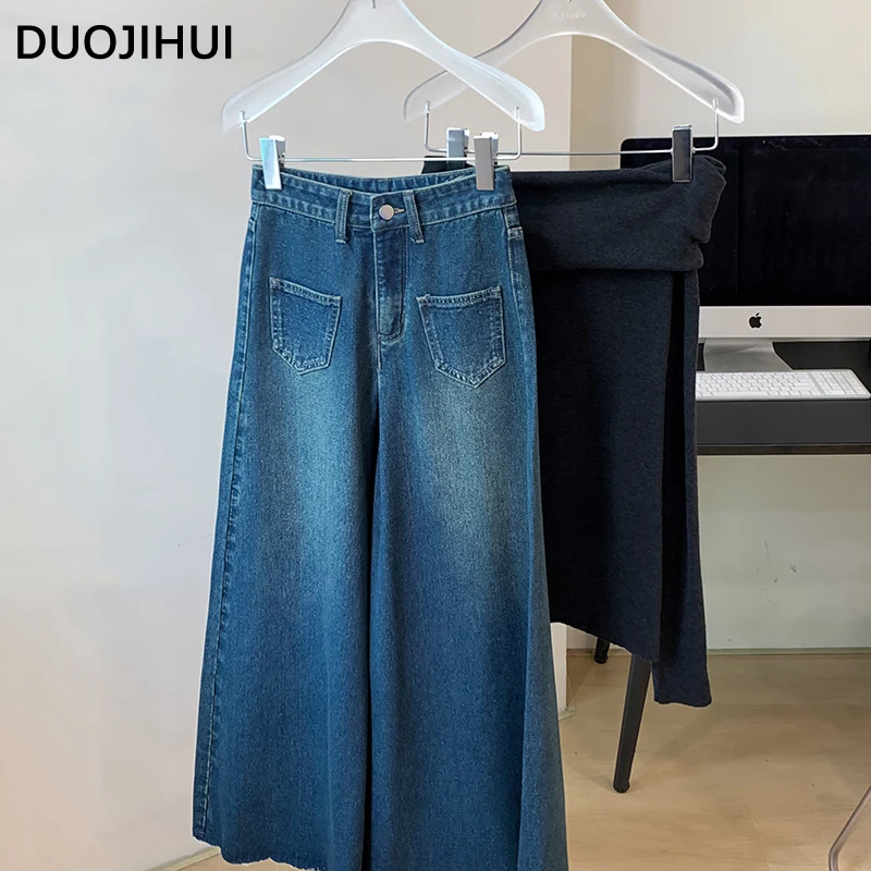 Duojihui blau Vintage Basic hohe Taille schlanke Frauen weites Bein Hose Herbst neue lose einfarbige Mode Knopf einfache weibliche Jeans