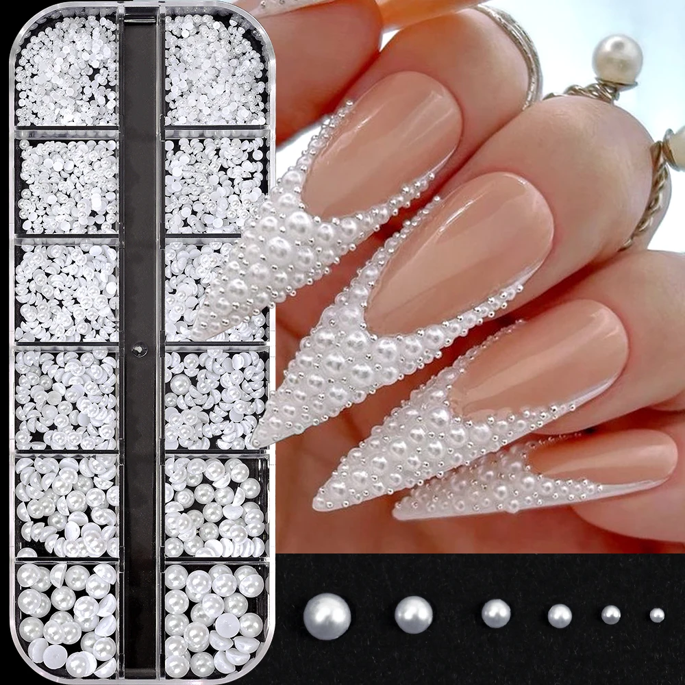 12Grids 3D White Pearls Caviar Beads Nail Charms Half Round 0.15-0.5cm Pearl Nail Art Rhinestones Flatback Crystals Gems Y2K