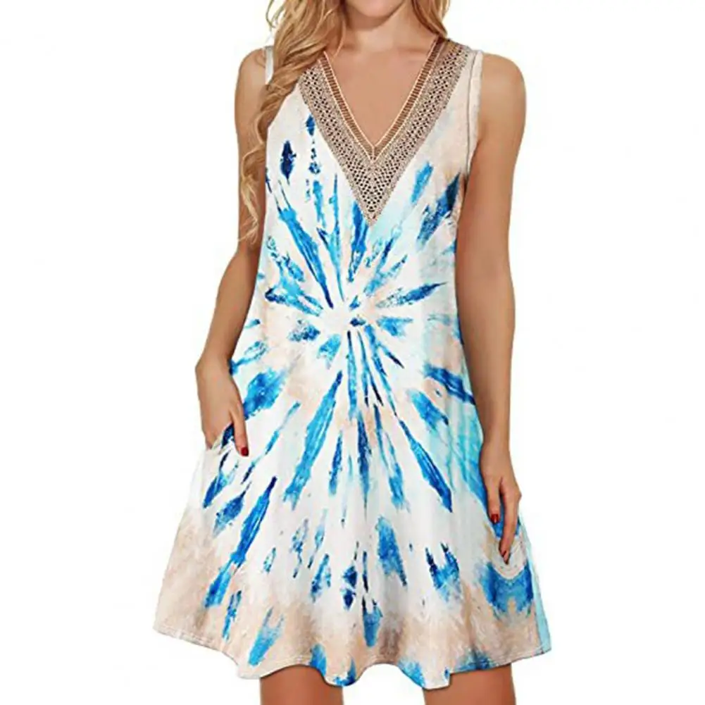 

Summer V-neck Sleeveless Vest Dress Lace Stitching Pocket Bohemia Print Loose Hem A-Line Pullover Short Dress