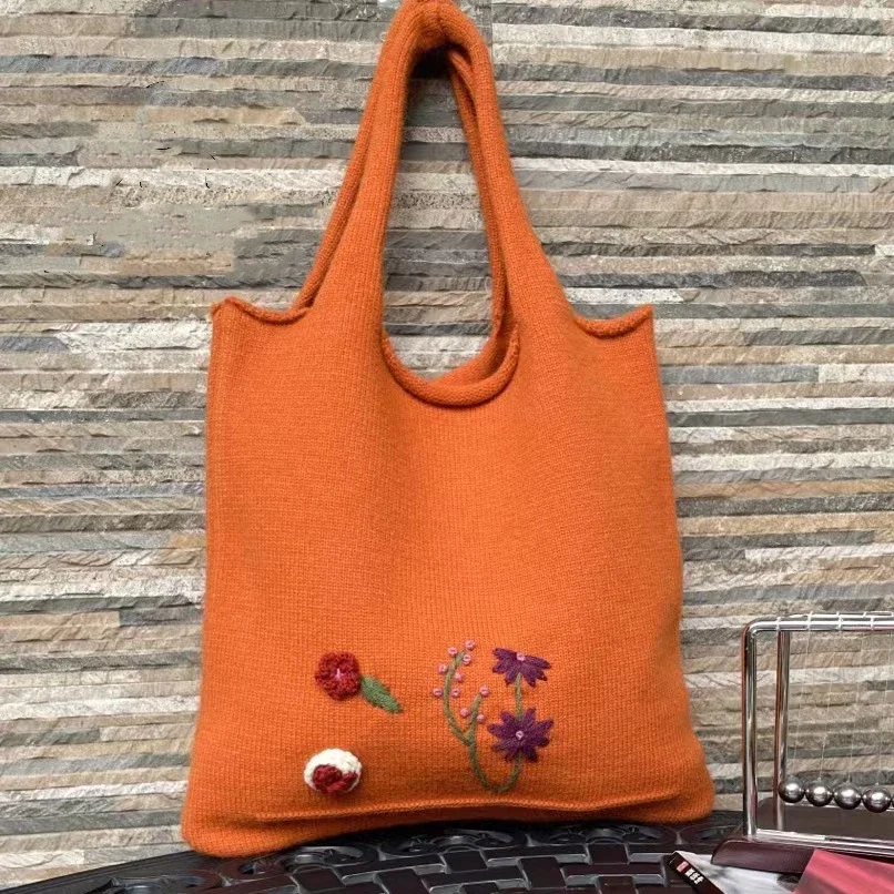 Women Etsy Handmade Floral Embroidery Crochet Big Size Tote Bag Winter Granny Retro Cottage Core Shabby Chic Pouch Shopper Bag