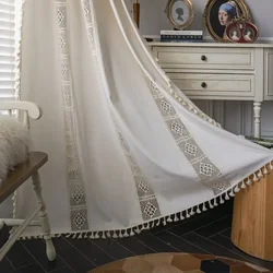 N3003Curtain hollow splicing American kitchen curtain cotton and linen semi-blackout tassel curtain