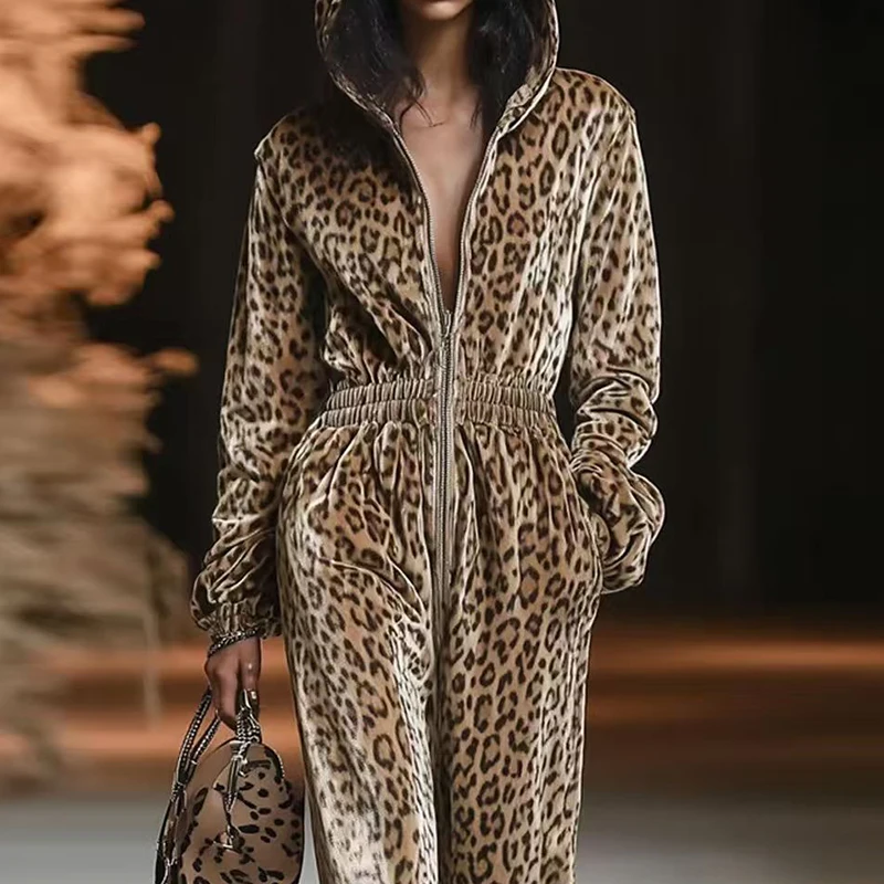 Combinaison Vintage taille haute avec poches pour femme, combishort décontracté, manches longues, fermeture éclair, capuche, imprimé léopard, nouvelle collection automne hiver
