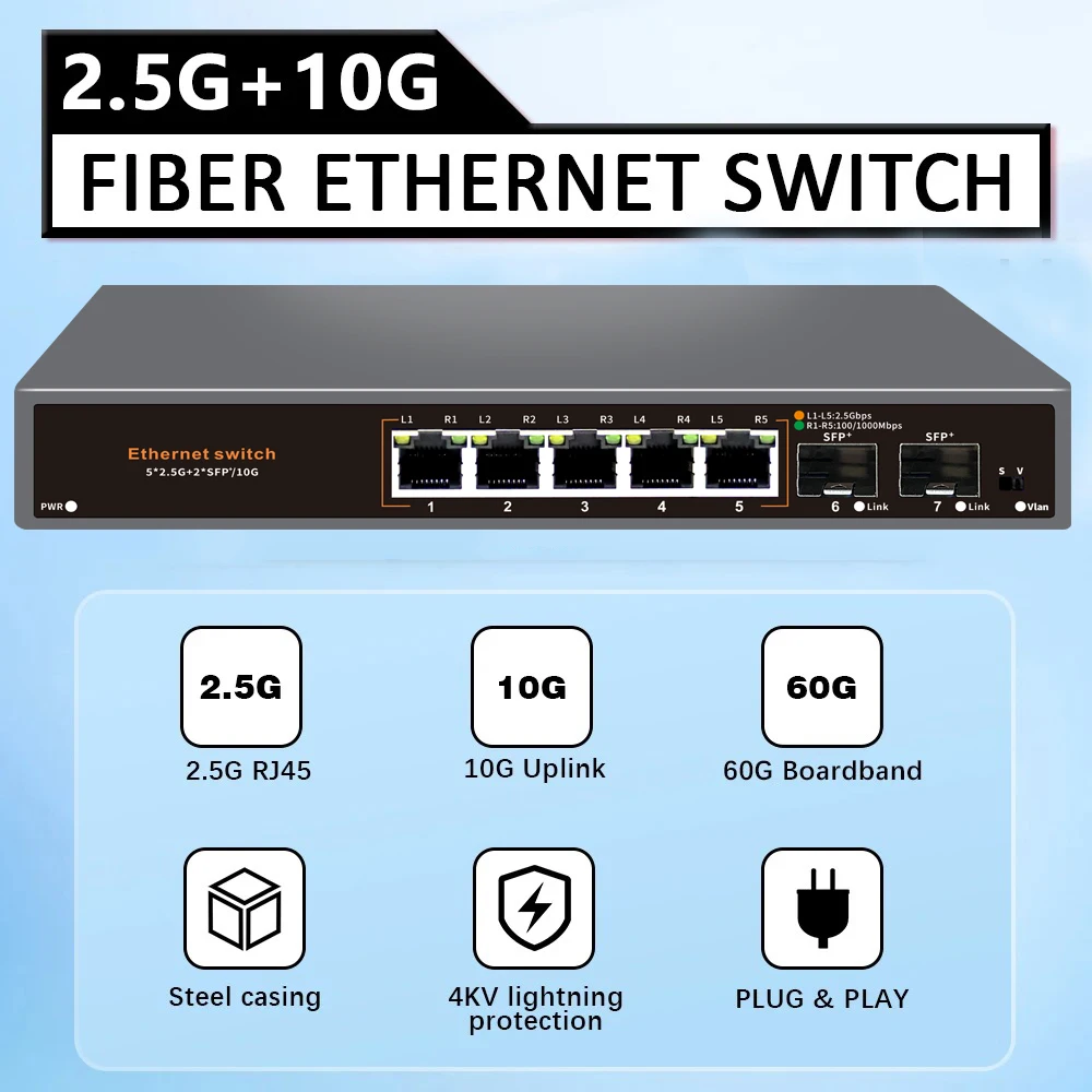 Ethernet-коммутатор с 5 портами, 2,5 ГГц, 2,5 ГГц, RJ45 ,5 Ports 2.5G Ethernet Switch 2.5G RJ45 Gigabit Switch with 2*10G SFP Port for Camera/CCTV Security Lan Ethernet Fiber Optic Hub