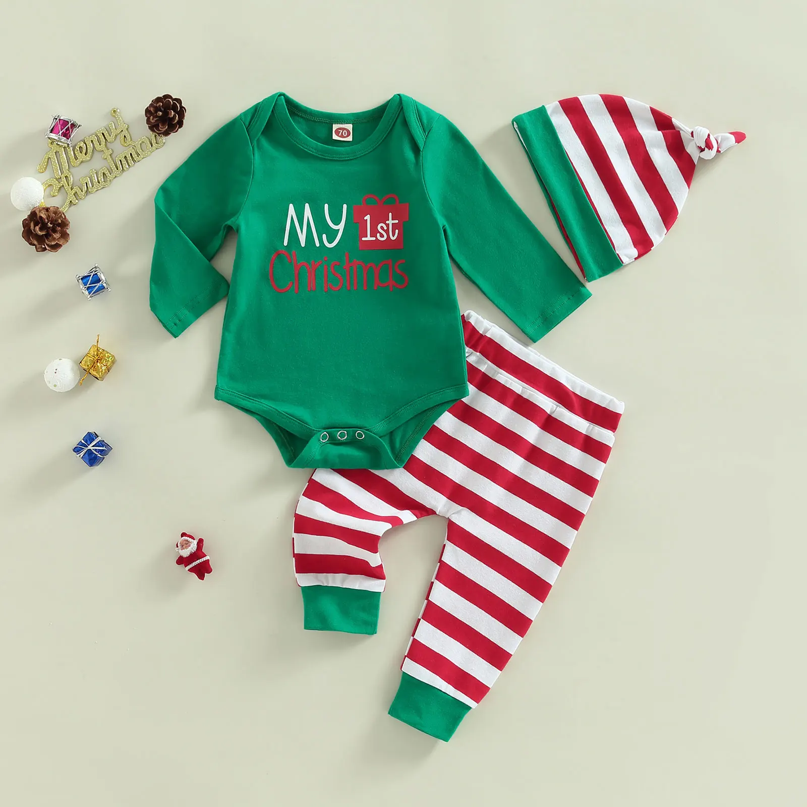 2022-10-07 Lioraitiin0-12M Christmas Baby Outfits Letter Print Long Sleeve Jumpsuit Casual Striped Pants Hat Set Infant Boy Girl