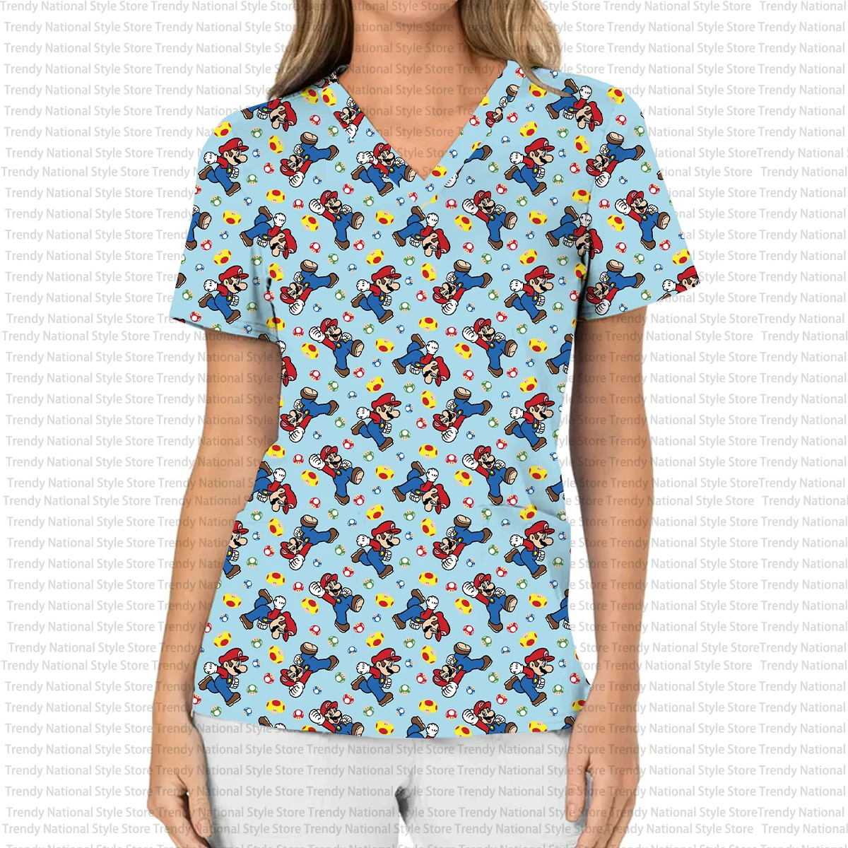 Women's Nursing Hair T-shirt, Nurse Uniform, Professional Medical Cartoon Print, Women's Nursing Wear, Work Veterinarian Top