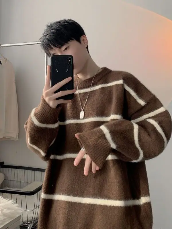 

Men's Camere Wool Knitwear Loose Fit Winter Stripe Lazy Sle Faionable Casual Korean Version Regular Length Overhead