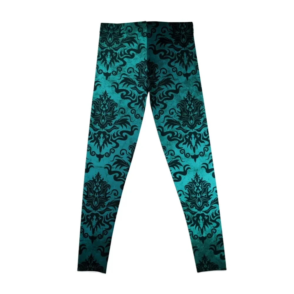 Teal Damask Leggings Fitness's gym clothes sportswear gym Sports female Womens Leggings