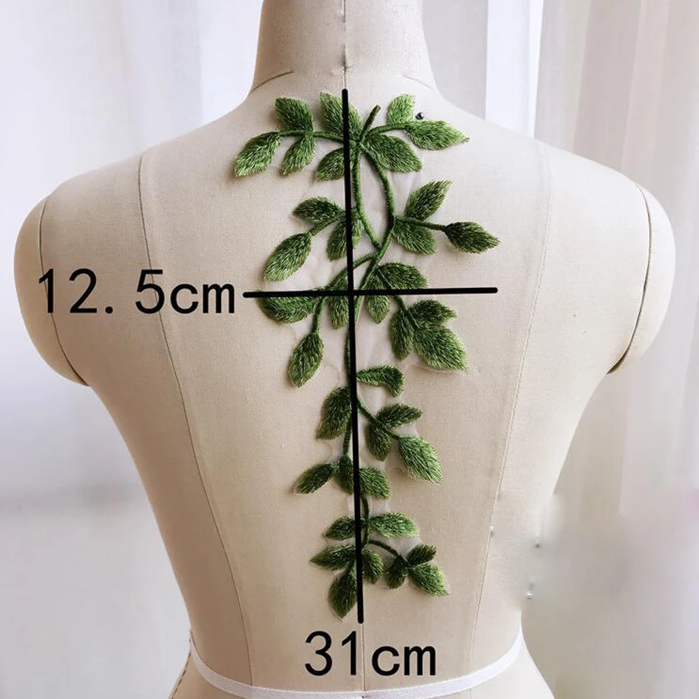 1 Pair Green Leaf  Repair Lace Collar Patches Embroidery Applique Accessories 31*12CM